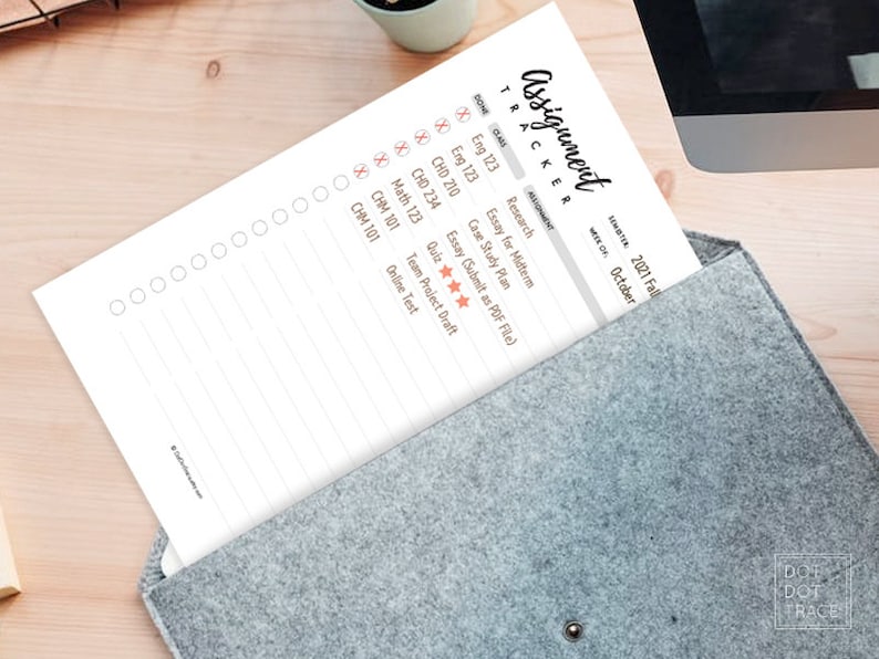May include: A white printable assignment tracker with a black heading "Assignment Tracker" and a section for listing classes, assignments, and due dates. The tracker is labelled with the semester "2021 Fall" and the month "October".