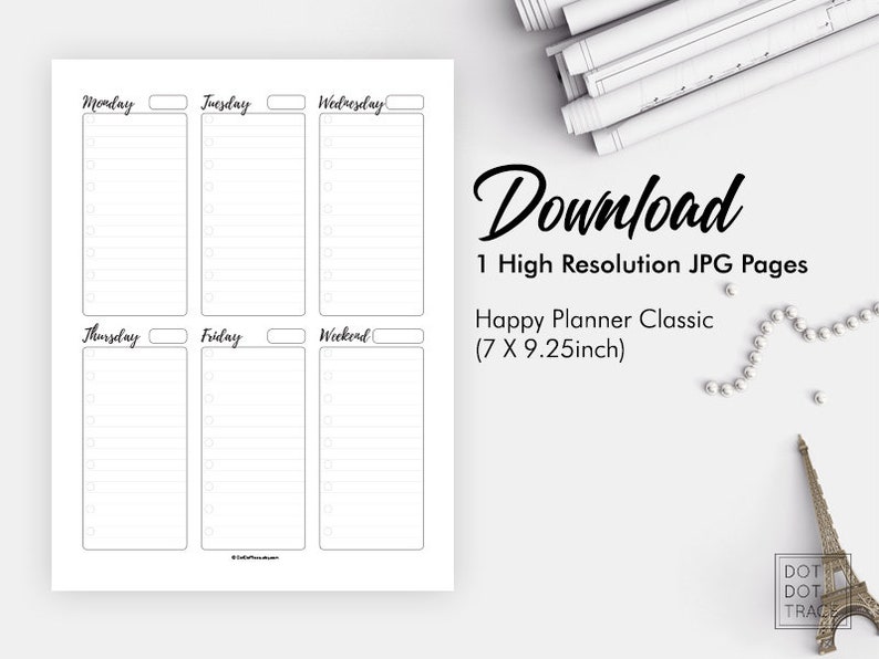May include: Printable weekly planner page for a Happy Planner Classic size planner. The page is divided into six columns for Monday, Tuesday, Wednesday, Thursday, Friday, and Weekend. The page is 7 inches by 9.25 inches.