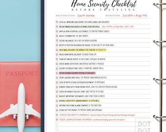 May include: A home security checklist titled "Home Security Checklist Before Traveling" with a passport and a toy airplane. The checklist includes tasks like locking doors, setting timers, and securing valuables. The destination is South Korea, and the duration is from July 28th to August 17th.