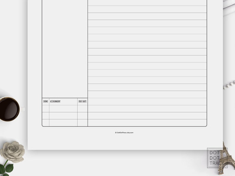 May include: A black and white printable to-do list with columns for "Done", "Assignment", and "Due Date".