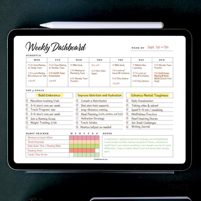 May include: A weekly dashboard planner with a yellow, pink, and green colour scheme. The planner includes a schedule, top 3 goals, habit tracker, and notes section. The planner is designed to help people stay organised and on track with their goals.