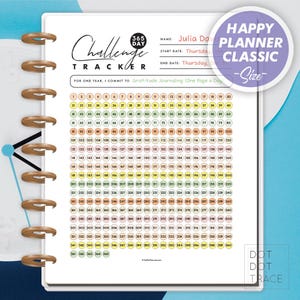 May include: A spiral-bound planner with a 365-day challenge tracker. The cover features the text "Challenge Tracker" and "Happy Planner Classic -Size". The interior pages have numbered circles for daily tracking, with a commitment to gratitude journaling.