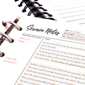May include: A close-up of a page from a sermon notebook with the title "Humble Yourself To Win" and the main scripture "Matthew 4:5-7". The notes include a passage from the Bible about Jesus being tempted by the devil.