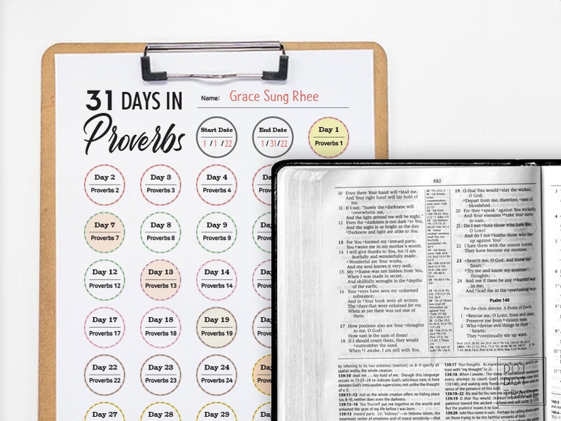 May include: A printable 31-day devotional planner for reading the book of Proverbs. The planner has a title that says "31 Days in Proverbs" and includes a space for the user to write their name, start date, and end date. The planner is divided into 31 days, each with a circle containing the day number and the corresponding chapter of Proverbs to read.