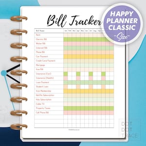 Afdrukbare Bill Tracker [Happy Planner Classic] Maandelijkse onkostentracker Budgetplanner Sjabloon financiële organisator Huishoudelijke budgetteringstool