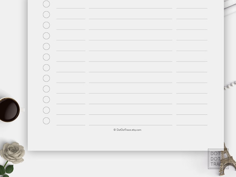 May include: A printable checklist with 20 blank lines and circles to the left of each line. The text "&copy; DotDotTrace.etsy.com" is at the bottom of the page.