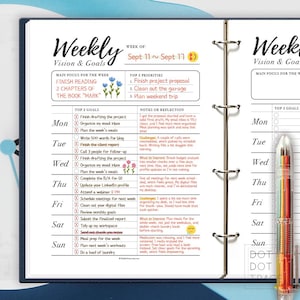 May include: A weekly planner page with a black and white design. The page is divided into sections for the week of September 11th, with a list of top priorities and goals for the week. The page also includes a section for notes or reflection, where the user can write down their thoughts and experiences for the week.