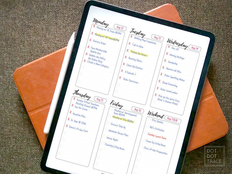 May include: A weekly planner with a black and white grid layout. The planner is divided into days of the week, Monday through Sunday. Each day has a list of tasks and appointments. The planner is on a tablet with a stylus.