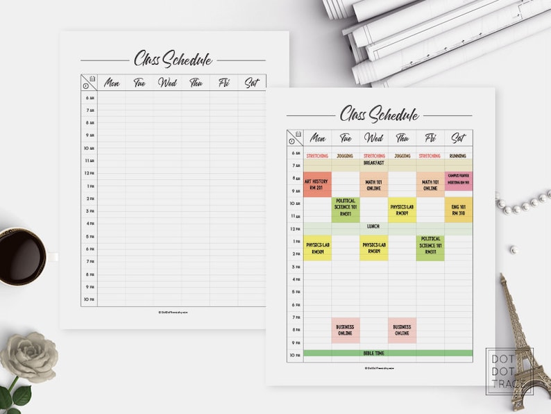 May include: A printable class schedule template with a blank version and a filled-in example. The filled-in example shows a daily schedule with classes, exercise, and bible time.