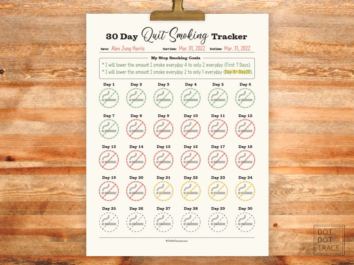 Printable 30 Day Quit Smoking Tracker 30 Day Stop Smoking Etsy