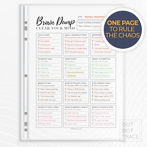 May include: A clear plastic sheet with a printed "Brain Dump" checklist. The checklist includes sections for calls, emails, household tasks, errands, and more. A circular graphic reads "One Page to Rule the Chaos."