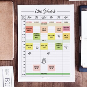 May include: A printable class schedule template with a colorful design. The schedule is divided into days of the week, with time slots from 6:00 AM to 10:00 PM. Each time slot has a different color, and there are icons for different activities, such as stretching, jogging, and running. The schedule also includes class names, room numbers, and online classes.