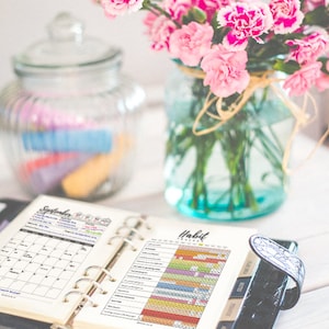 Puede incluir: Una carpeta negra con un calendario y p&aacute;ginas de seguimiento de h&aacute;bitos abiertas. La p&aacute;gina del calendario muestra el mes de septiembre. La p&aacute;gina de seguimiento de h&aacute;bitos tiene una cuadr&iacute;cula colorida con diferentes secciones para realizar un seguimiento de los h&aacute;bitos. La carpeta est&aacute; sobre una mesa de madera blanca con un frasco de vidrio de marcadores coloridos y un jarr&oacute;n de flores rosas.
