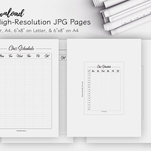 May include: Four printable class schedule templates in black and white. Each template has a grid with columns for days of the week and rows for times of day. The text "Class Schedule" is at the top of each template.