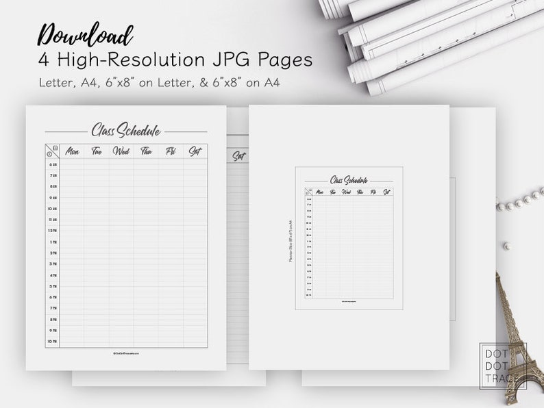 May include: Four printable class schedule templates in black and white. Each template has a grid with columns for days of the week and rows for times of day. The text "Class Schedule" is at the top of each template.