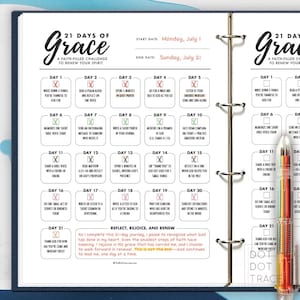 May include: A spiral-bound journal with a 21-day faith-filled challenge titled "21 Days of Grace." The cover features the title in elegant script. The journal includes daily prompts for reflection and renewal, with a start date of Monday, July 1.