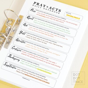 May include: A yellow binder holds a "Pray + Acts Daily Notebook" with handwritten prompts for prayer. The notebook includes sections for praise, repentance, asking, yielding, adoration, confession, thanksgiving, and supplication. The date, Monday, Sept 3, is highlighted.