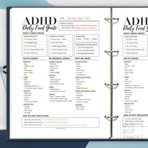 Może przedstawiać: Planer ADHD Daily Food Guide z codziennymi polami wyboru, produktami do wyboru i świadomymi wyborami. Zawiera sekcje dotyczące nawodnienia, przypomnień i refleksji na koniec dnia. Data to poniedziałek, 23 września.