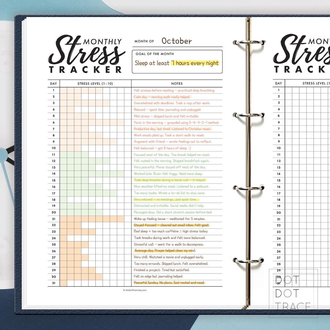 Stress Log Example Printable Monthly Stress Tracker Daily Mood & Stress Level Log ...