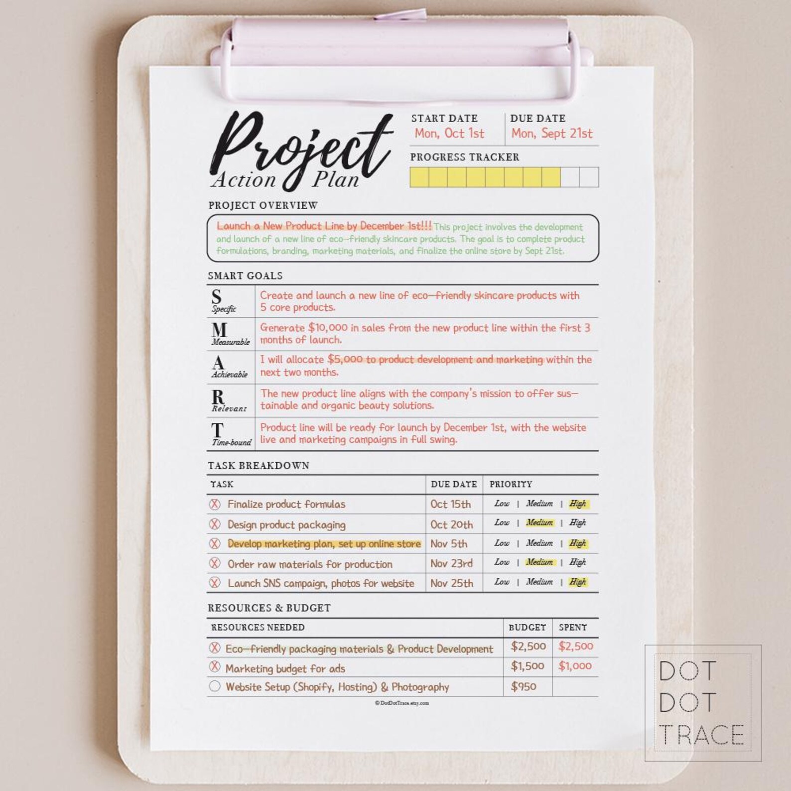 Project Task Pla Project Action Plan Template: Student Goal & Task Planner (printable ...