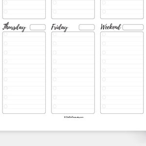 May include: Printable daily planner page with sections for Thursday, Friday, and Weekend. Each section has a list of 15 blank circles for to-do items.