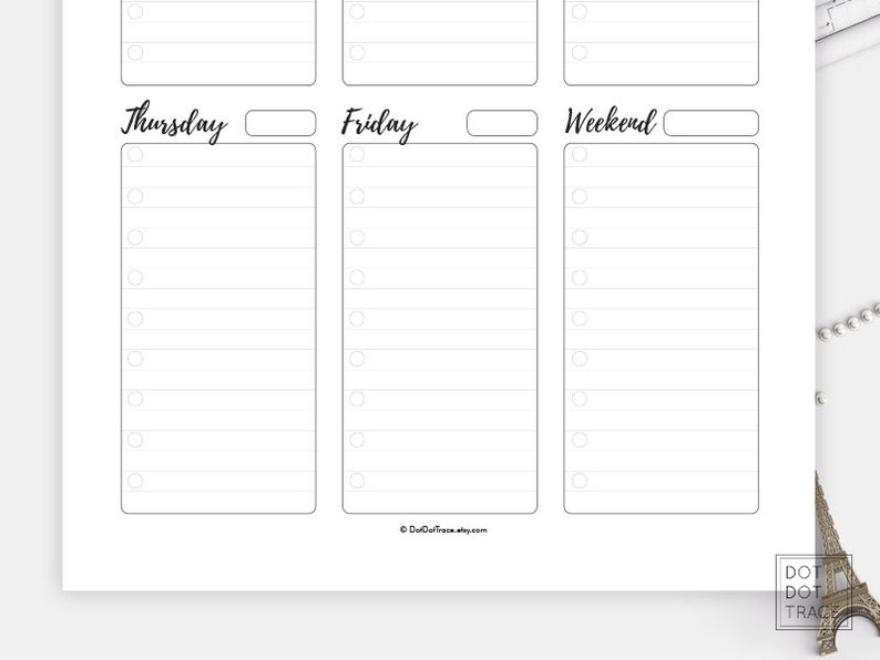 May include: Printable daily planner page with sections for Thursday, Friday, and Weekend. Each section has a list of 15 blank circles for to-do items.