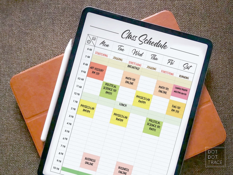 May include: A digital tablet displaying a weekly class schedule with a white stylus pen. The schedule is divided into days of the week, with each day having a list of classes and their corresponding times. The classes include Art History, Political Science, Physics Lab, Math 101, English 101, and Business Online.