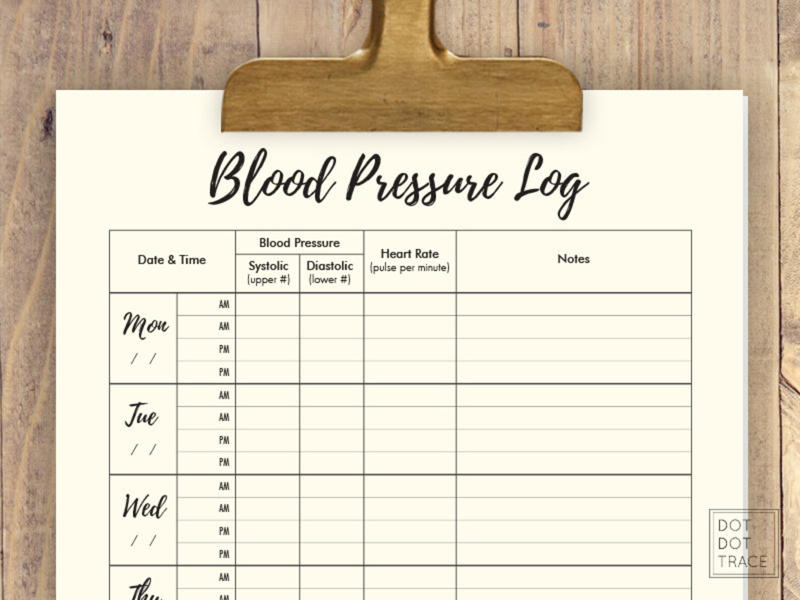 Printable Blood Pressure Log Template Daily Blood Pressure Tracker ...