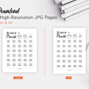 May include: Two printable pages for a 31-day devotional study of the book of Proverbs. Each page features a grid of 31 circles, each with the text "Day #" and "Proverbs #" for each day of the month.