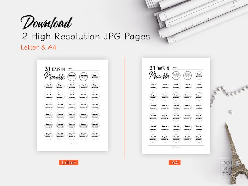 May include: Two printable pages for a 31-day devotional study of the book of Proverbs. Each page features a grid of 31 circles, each with the text "Day #" and "Proverbs #" for each day of the month.