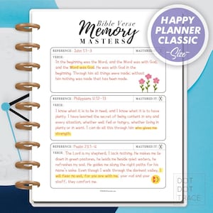 Mestres da memória de versículos bíblicos para impressão [Happy Planner Classic] Rastreador de escrituras Memorização da Bíblia Planejador cristão Gráfico de memória GoodNotes