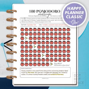 May include: A planner page with a 100 Pomodoro challenge layout. The page features a grid of tomato illustrations for tracking focus sessions. The text includes "Happy Planner Classic - Size" and "You did it! 100 Pomodoros of pure focus!"