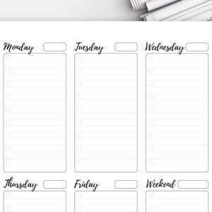 May include: A printable weekly planner with blank lines for each day of the week, Monday through Friday, and a separate section for the weekend. The days of the week are labeled in black text.