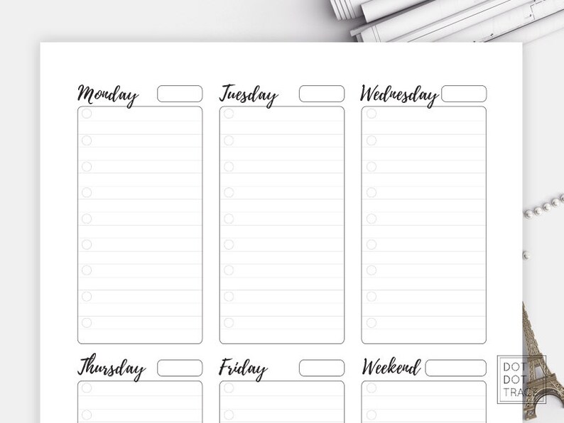 May include: A printable weekly planner with blank lines for each day of the week, Monday through Friday, and a separate section for the weekend. The days of the week are labeled in black text.