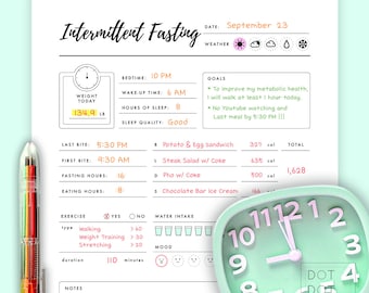 Puede incluir: Un rastreador de ayuno intermitente imprimible con una esfera de reloj verde, un rastreador de peso y una lista de comidas con recuentos de calorías. El rastreador incluye una sección para ejercicio, consumo de agua y estado de ánimo. La fecha es el 23 de septiembre.
