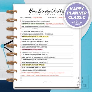 May include: A printable checklist for home security before traveling. The checklist includes items such as locking windows and doors, setting up timers for lights, unplugging non-essential electronics, adjusting the thermostat, securing valuables, notifying a trusted neighbor or friend, holding mail delivery, pausing newspaper delivery, turning off water supply, checking smoke detectors, securing outdoor items, setting up a home security system, storing ladders and tools, locking up bicycles and outdoor equipment, removing spare keys from hiding spots, checking insurance policies, backing up important documents, double-checking pet arrangements, informing your home alarm company, cleaning out the fridge, checking security cameras, and keeping landscaping trimmed.