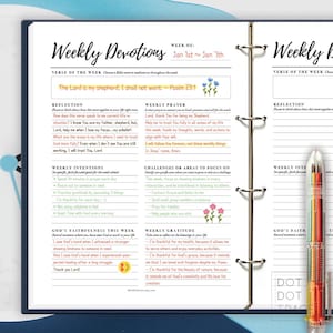 May include: A weekly devotional planner with a floral design. The planner includes sections for verse of the week, reflection, weekly prayer, weekly intentions, challenges or areas to focus on, weekly gratitude, and God's faithfulness this week. The planner has a blue and white floral design with a pink and green floral design on the right side.