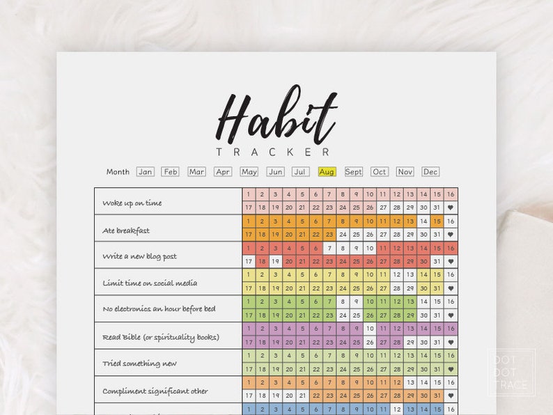 Puede incluir: Un rastreador de h&aacute;bitos imprimible con una cuadr&iacute;cula de calendario colorida. El rastreador incluye una lista de h&aacute;bitos para rastrear, como despertarse a tiempo, desayunar, escribir una nueva publicaci&oacute;n de blog, limitar el tiempo en las redes sociales, leer un libro y probar algo nuevo.