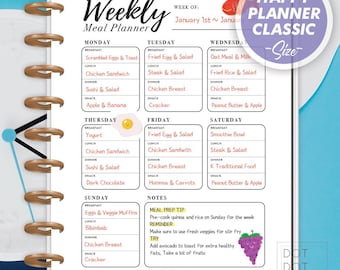 Weekly Meal Planner Printable: Minimalist Design, Happy Planner Classic (Digital Download)