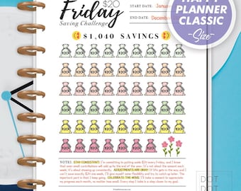 Printable 20 Dollar Friday 52-Week Savings Challenge [Happy Planner Classic] Weekly Budgeting Money Saving Worksheet Financial Goal Setting
