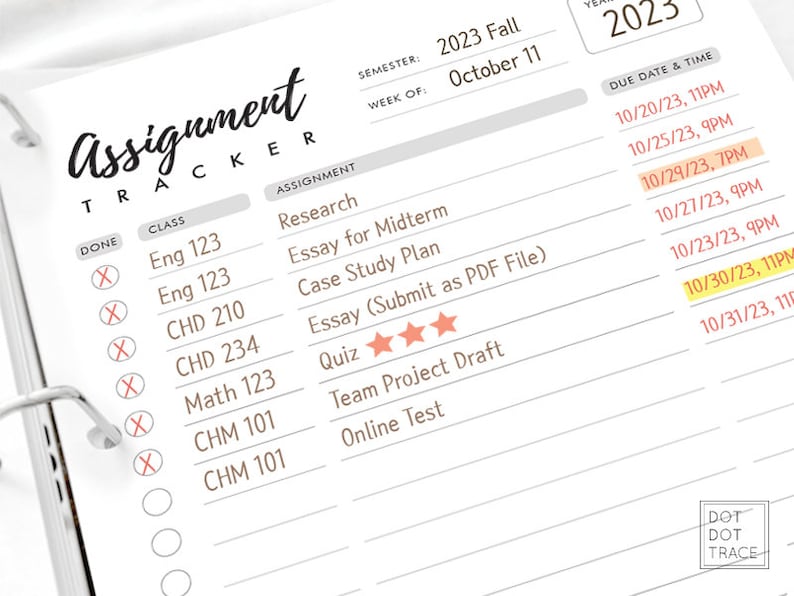 May include: A black and white assignment tracker with a checklist and due dates for the Fall 2023 semester. The tracker includes a list of classes, assignments, and due dates. The due dates are highlighted in yellow and orange.