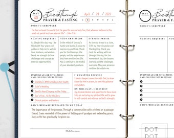 May include: A printable daily planner page with a blue and pink color scheme. The page is titled "Breakthrough Prayer & Fasting" and includes sections for morning requests, noon gratitude, evening praise, individuals or situations calling for intercession, and God's message revealed to me today. The page also includes a section for fasting and a section for restricting food.