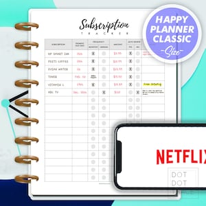 May include: A white printable subscription tracker with a black grid and headings for subscription name, payment due date, frequency, amount, and auto renew. The tracker is designed for use with a Happy Planner Classic size planner.