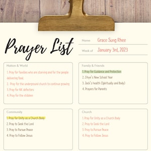 Printable Prayer List Template Weekly Prayer Lists Intercessory Prayer ...