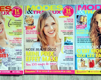 Lot de 3 magazines Modes & travaux, magazines de loisirs créatifs, créations DIY, patron tricot, recette de cuisine, décoration