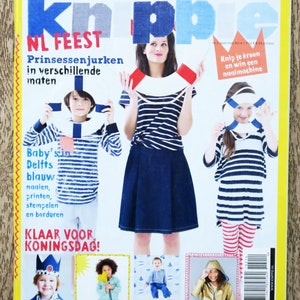 May include: A magazine cover featuring a yellow background with the title "Knip", a Dutch word for "Cut". The magazine is about sewing and crafting, with a focus on making princess dresses. The cover features several images of children wearing dresses and other clothing, including a girl wearing a striped dress and a crown, a boy wearing a blue and white striped shirt, and a girl wearing a yellow raincoat. The magazine also features a picture of a sewing machine.