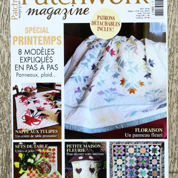 Patchwork magazine / Mai-juin-juillet 2011, patron patchwork, patron couture, plaid en patchwork, set de table en patchwork, panneau fleuri