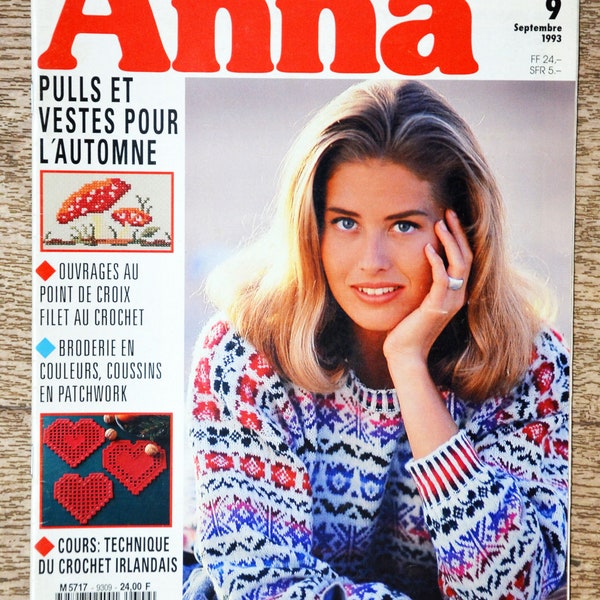 Magazine Anna Burda ouvrages manuels 9/1993, Burda magazine, patron broderie, tricot vintage, pull jacquard, crochet irlandais, patchwork