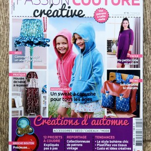 Magazine Passion couture créative 18, magazine couture, patron couture, patron cartable, patron sweat enfant, patron robe, abat-jour