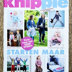 May include: A magazine cover with the title "knippie" in pink and blue letters. The cover features photos of children wearing clothing, with the text "Zelf maken voor baby's, peuters, kleuters, onderbouwers, bovenbouwers" at the top. The magazine is about sewing and crafting for children.